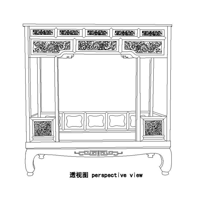 Rosewood Qing six-post canopy bed with front railings and stylized hornless dragon design