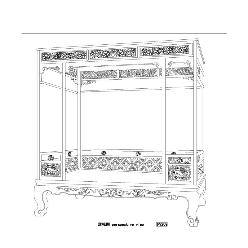 Rosewood Qing six-post canopy bed with front railings and qilin motif