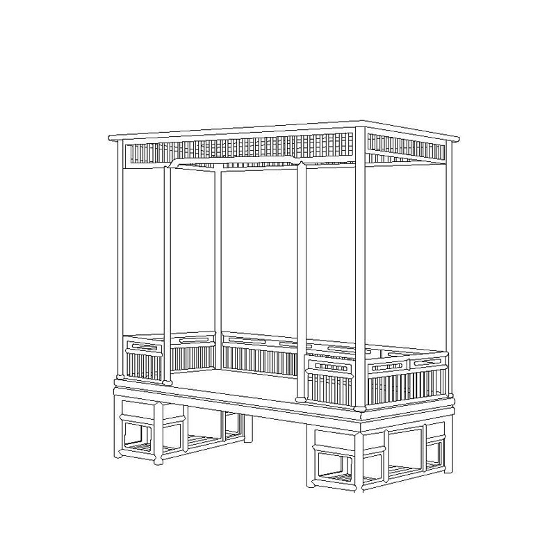 Rosewood Ming dynasty six-post canopy bed with front railings and straight lattice
