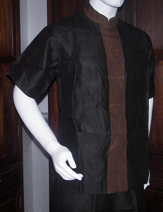 Short sleeve men Black silk tang suit